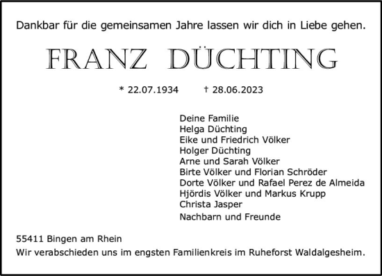 Traueranzeige von Franz Düchting von Allgemeine Zeitung Bingen/Ingelheim