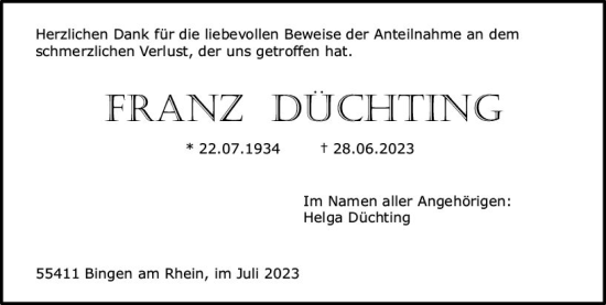 Traueranzeige von Franz Düchting von Allgemeine Zeitung Bingen/Ingelheim