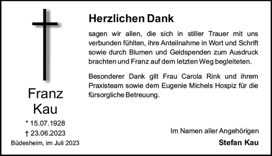 Traueranzeige von Franz Kau von Bingen/Ingelheim WOBL inkl. Neue Binger Ztg.