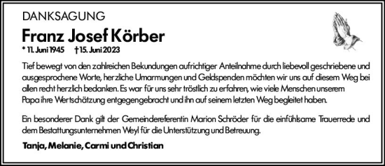 Traueranzeige von Franz Josef Körber von Dill Block