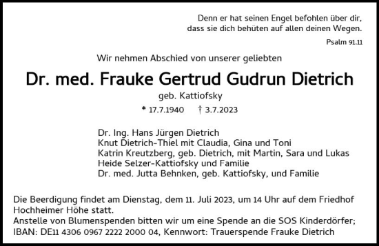 Traueranzeige von Frauke Gertrud Gudrun Dietrich von Wormser Zeitung