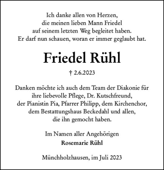 Traueranzeige von Friedel Kühl von Wetzlarer Neue Zeitung