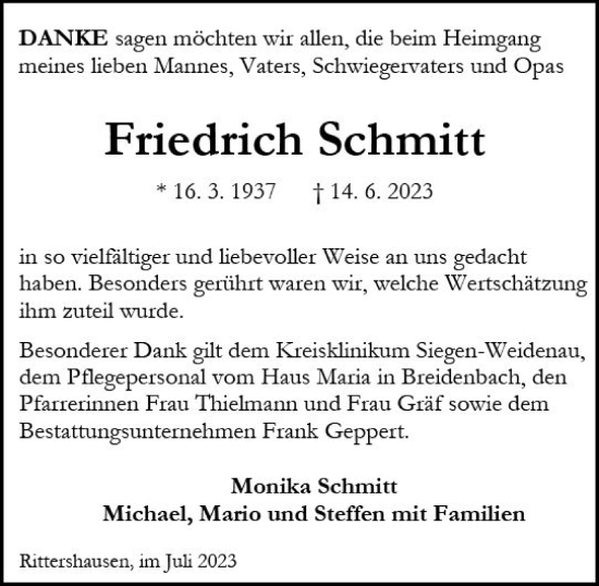 Traueranzeige von Friedrich Schmitt von Dill Block