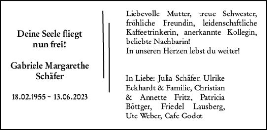 Traueranzeige von Gabriele Margarethe Schäfer von Darmstädter Echo