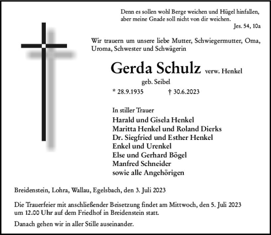 Traueranzeige von Gerda Schulz von Hinterländer Anzeiger