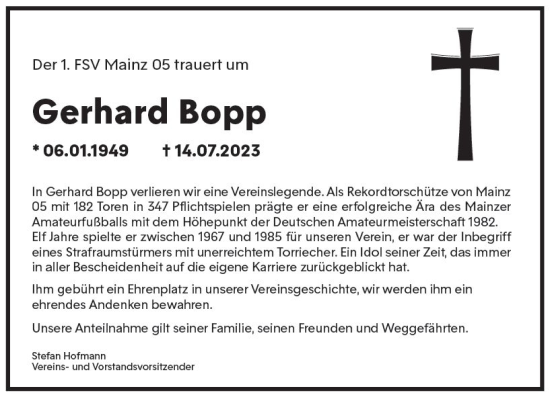 Traueranzeige von Gerhard Bopp von Allgemeine Zeitung Bingen/Ingelheim