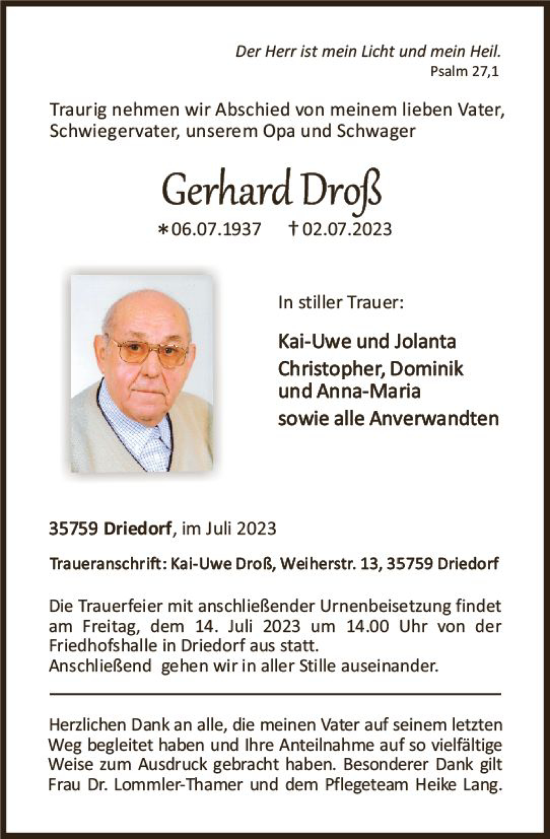 Traueranzeige von Gerhard Droß von Dill Block