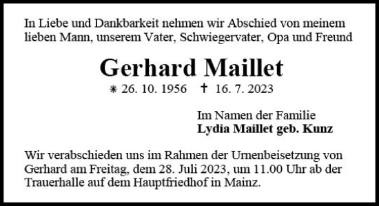 Traueranzeige von Gerhard Maillet von Allgemeine Zeitung Mainz