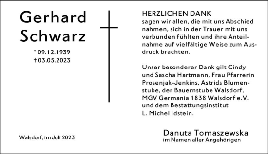 Traueranzeige von Gerhard Schwarz von Camberger Anzeiger