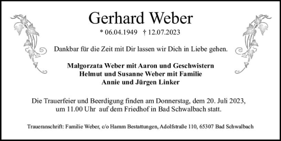 Traueranzeige von Gerhard Weber von Wiesbadener Kurier