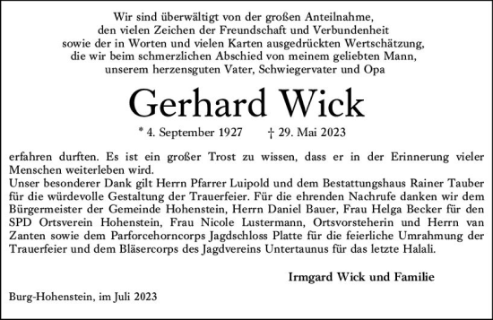 Traueranzeige von Gerhard Wick von Idsteiner Land/Untertaunus