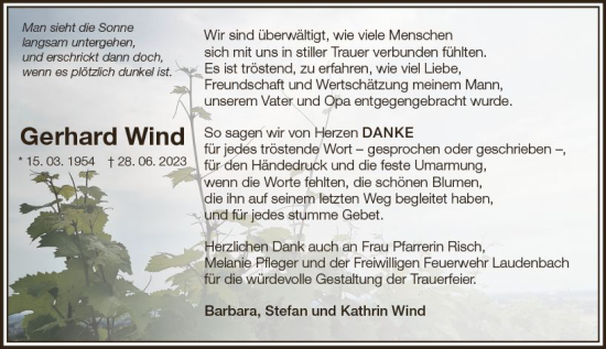 Traueranzeige von Gerhard Wind von Starkenburger Echo