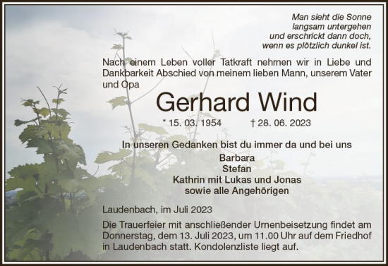 Traueranzeige von Gerhard Wind von Starkenburger Echo
