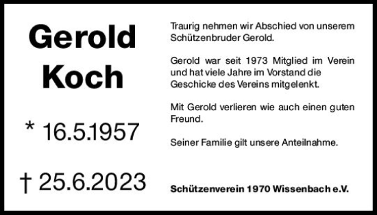 Traueranzeige von Gerold Koch von Dill Block