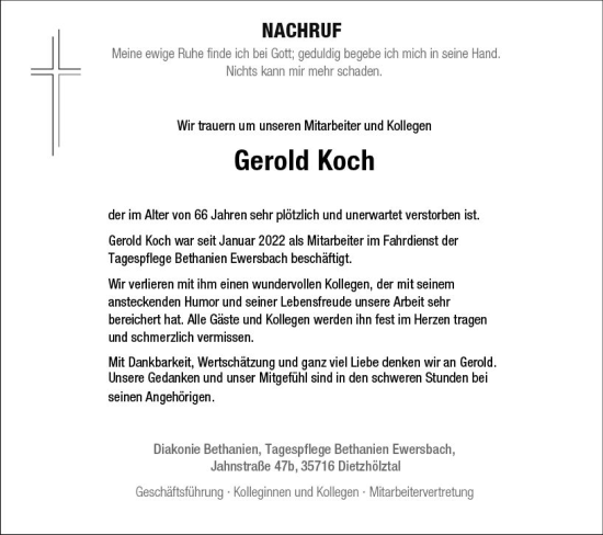 Traueranzeige von Gerold Koch von Dill Block