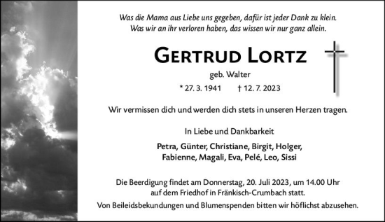 Traueranzeige von Gertrud Lortz von Odenwälder Echo