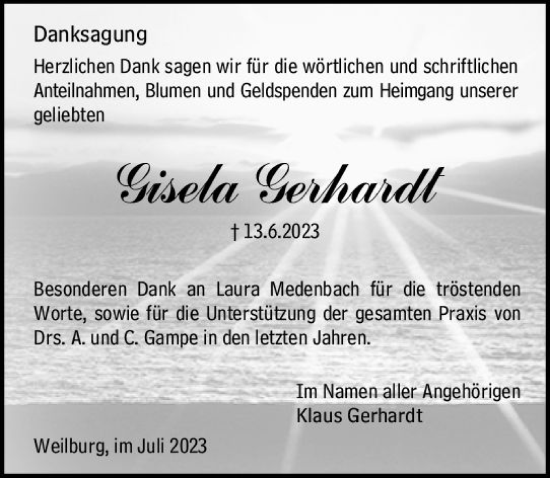 Traueranzeige von Gisela Gerhardt von Weilburger Tageblatt