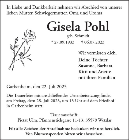 Traueranzeige von Gisela Pohl von Wetzlarer Neue Zeitung