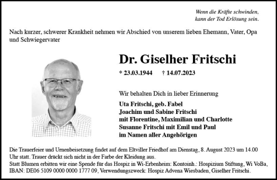 Traueranzeige von Giselher Fritschi von Wiesbadener Kurier