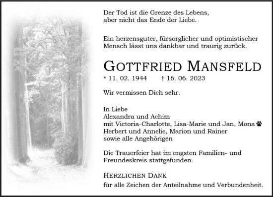 Traueranzeige von Gottfried Mansfeld von Wetzlarer Neue Zeitung