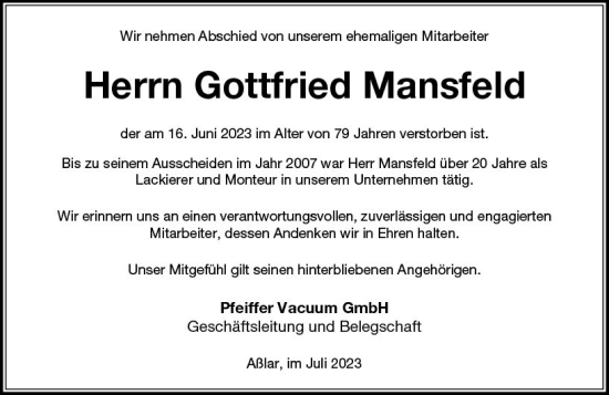Traueranzeige von Gottfried Mansfeld von Wetzlarer Neue Zeitung