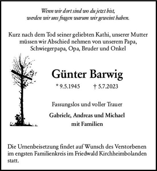 Traueranzeige von Günter Barwig von Allgemeine Zeitung Alzey