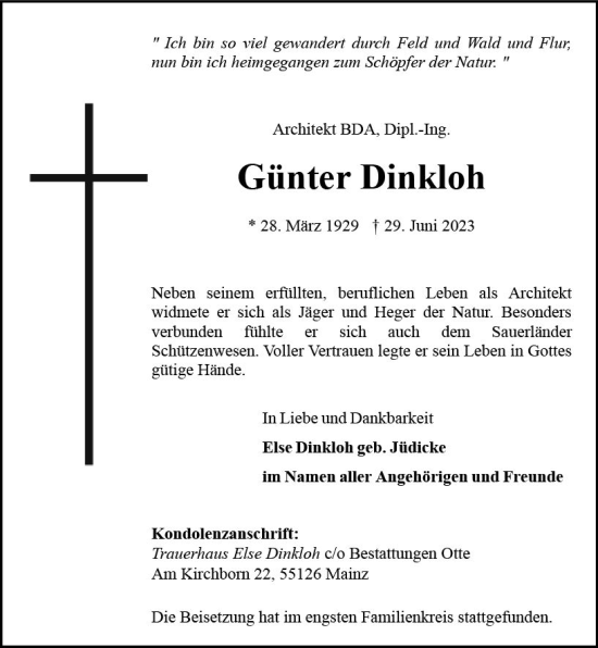 Traueranzeige von Günter Dinkloh von Allgemeine Zeitung Mainz