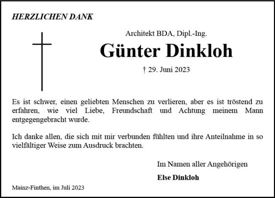 Traueranzeige von Günter Dinkloh von Allgemeine Zeitung Mainz