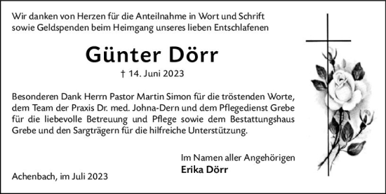 Traueranzeige von Günter Dörr von Hinterländer Anzeiger