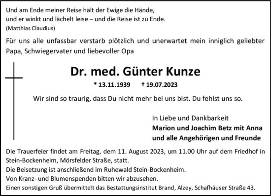 Traueranzeige von Günter Kunze von Allgemeine Zeitung Alzey