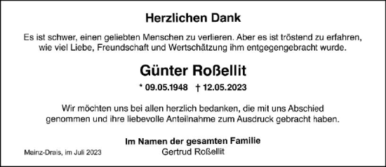 Traueranzeige von Günter Roßellit von Allgemeine Zeitung Mainz