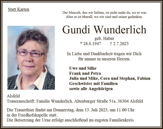 Traueranzeige von Gundi Wunderlich von Oberhessen Kurier