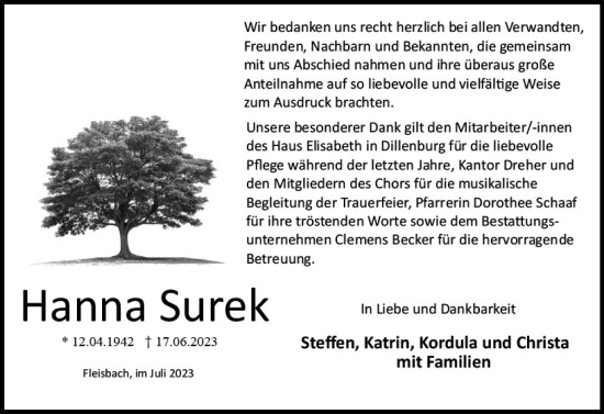 Traueranzeige von Hanna Surek von Dill Block