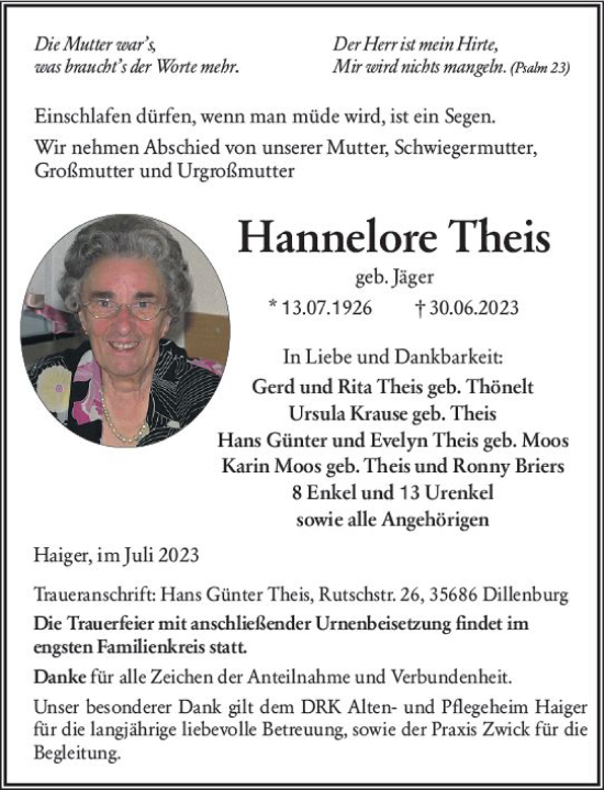 Traueranzeige von Hannelore Theis von Dill Block