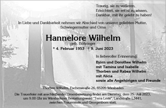 Traueranzeige von Hannelore Wilhelm von Wiesbadener Kurier
