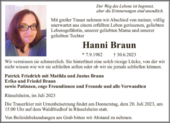 Traueranzeige von Hanni Braun von Rüsselsheimer Echo