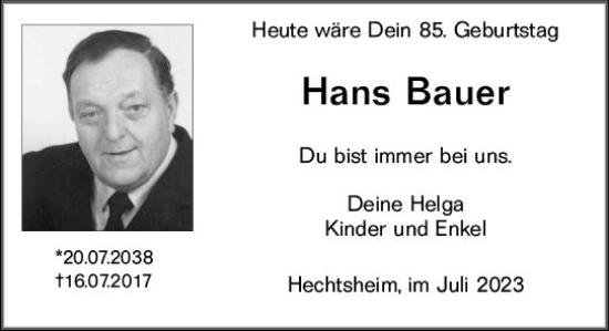 Traueranzeige von Hans Bauer von Allgemeine Zeitung Mainz