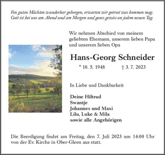 Traueranzeige von Hans-Georg Schneider von VRM Trauer