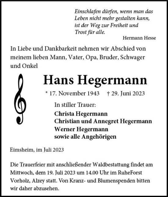 Traueranzeige von Hans Hegermann von Allgemeine Zeitung Mainz