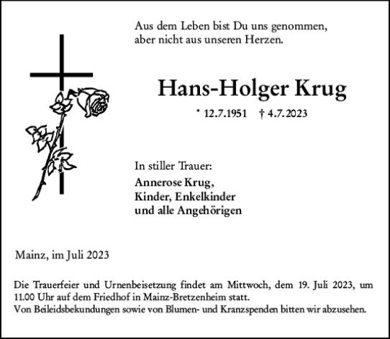 Traueranzeige von Hans-Holger Krug von Allgemeine Zeitung Mainz