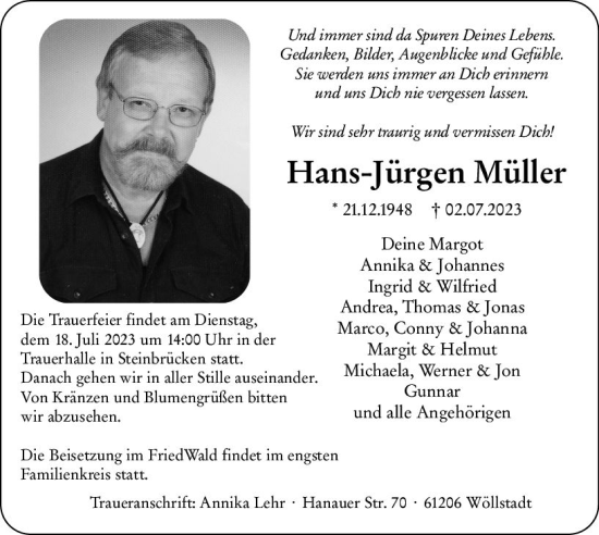 Traueranzeige von Hans-Jürgen Müller von Dill Block