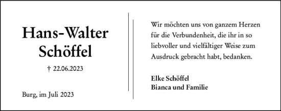 Traueranzeige von Hans-Walter Schöffel von Dill Block