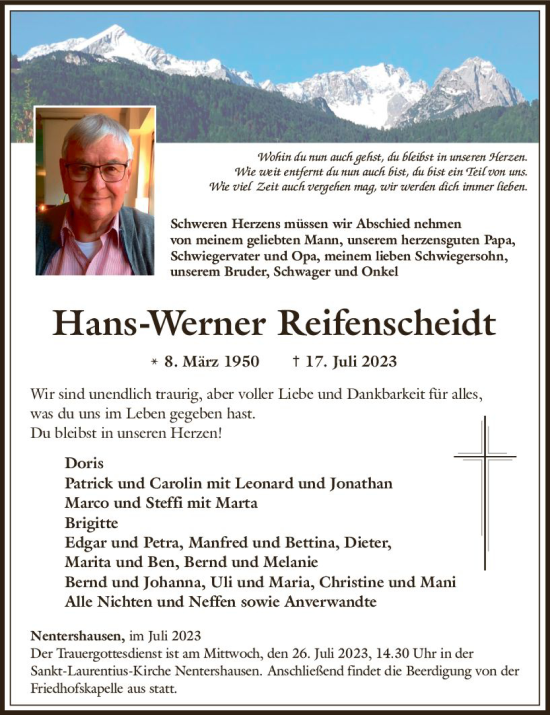 Traueranzeige von Hans-Werner Reifenscheidt von Nassauische Neue Presse