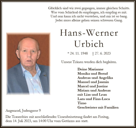 Traueranzeige von Hans-Werner Urbich von Oberhessen Kurier