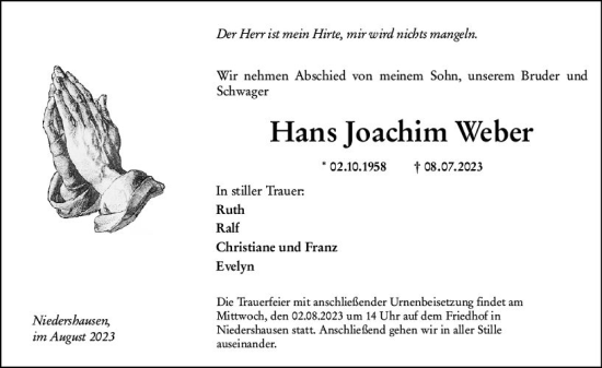 Traueranzeige von Hans Joachim Weber von Weilburger Tageblatt