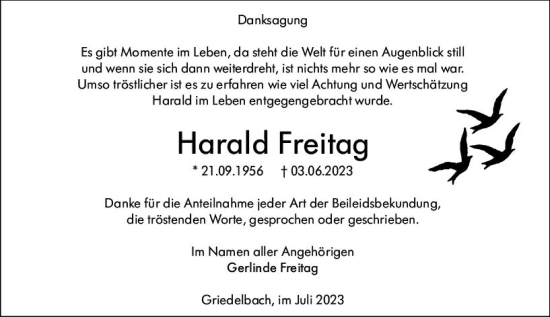 Traueranzeige von Harald Freitag von Wetzlarer Neue Zeitung
