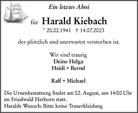 Traueranzeige von Harald Klebach von Dill Block