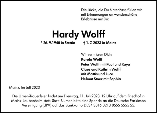 Traueranzeige von Hardy Wolff von Allgemeine Zeitung Mainz
