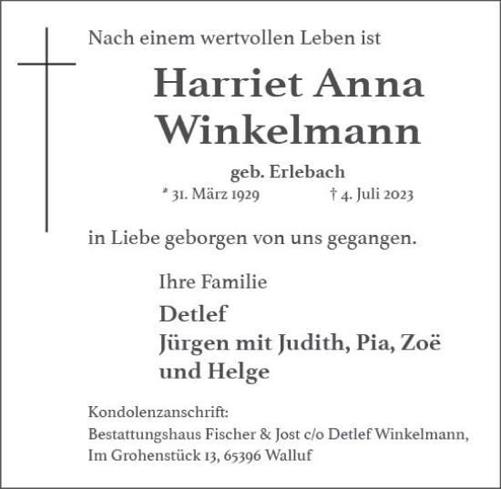 Traueranzeige von Harriet Anna Winkelmann von Wiesbadener Kurier
