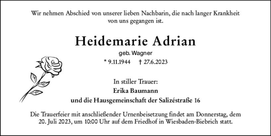 Traueranzeige von Heidemarie Adrian von Wiesbadener Kurier